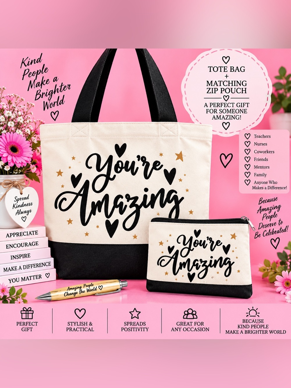 Canvas Tote Bag and Zip Pouch Set - You're Amazing - Black & Cream
